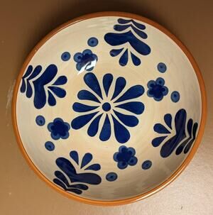 Sedona LOT 2 SALD Handcrafted Glazed Terracotta Blue Floral Bowl Over 7 Inch